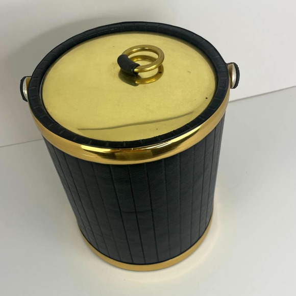 Mid Century Kraftware Barware Ice bucket Black and Gold Faux - Picture 2 of 3